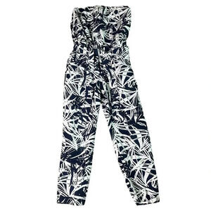 Ann Taylor Loft Navy White Tropical Print Jumpsuit Linen Strapless Size 2 Womens
